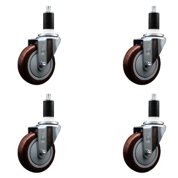 4'' SS Maroon Poly Wheel Swivel 1-3/8'' Expanding Stem Caster Set, 4PK